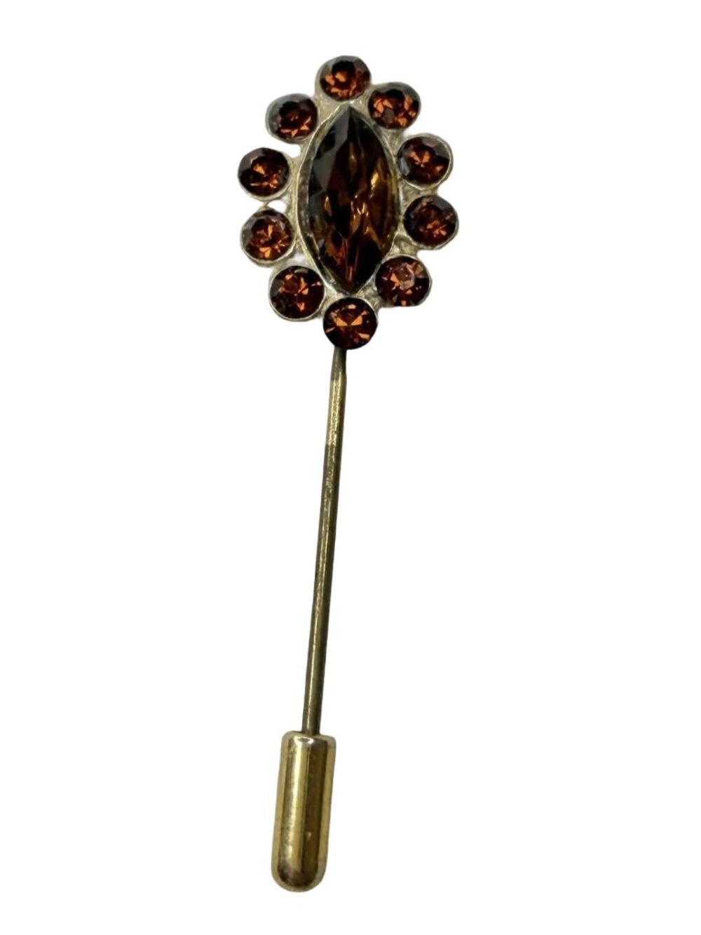 Vintage Amber Rhinestone Hat Pin Stick Pin Brass Screw Cap 2.5" Floral Cluster